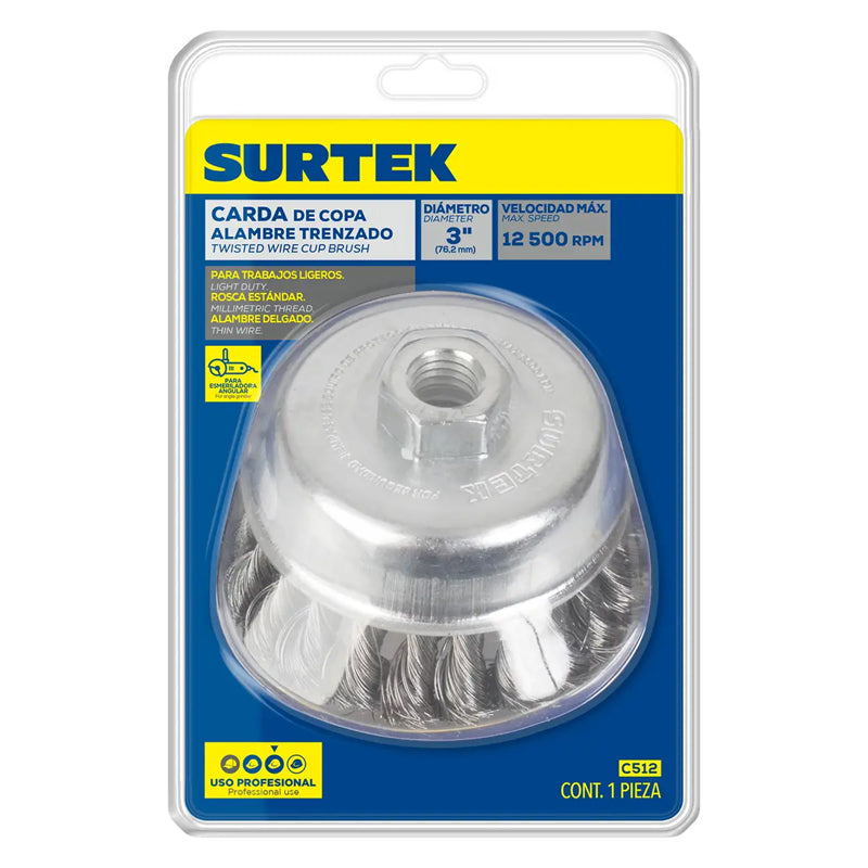 Carda copa trenzada alambre delgado de 3" x 5/8", C512 Surtek