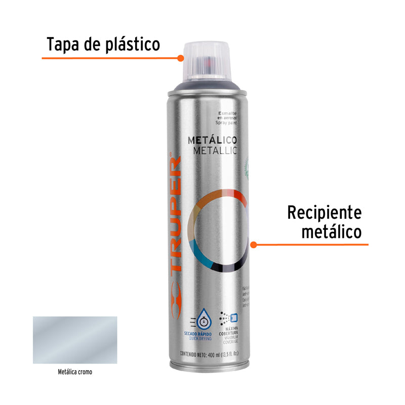 Pintura en aerosol de 400 ml, cromo metálico, bote esbelto, 19053 Truper PAM-CR