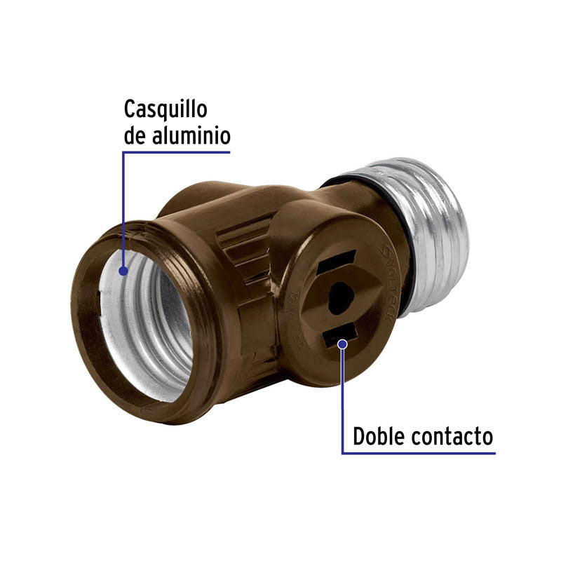 Portalámpara de baquelita con doble contacto, color café, 46511 Volteck POBA 12