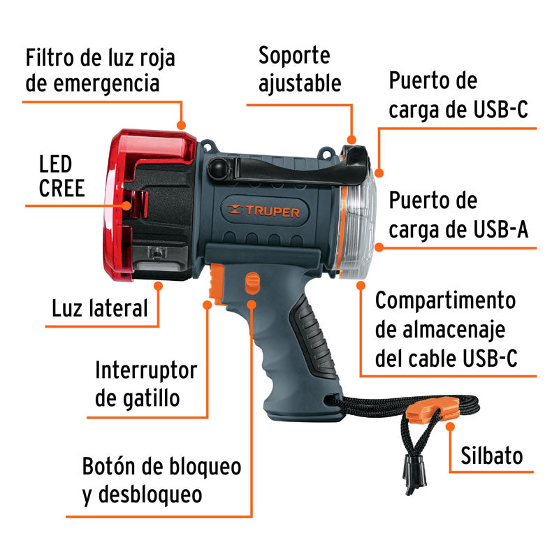 Lámpara de LED 2000 lm recargable alta potencia, 102418 Truper LARE 2000