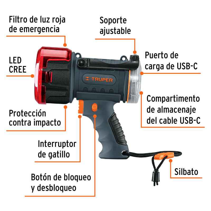 Lámpara de LED de 900 lm, recargable, alta potencia, 102404 Truper LARE 900