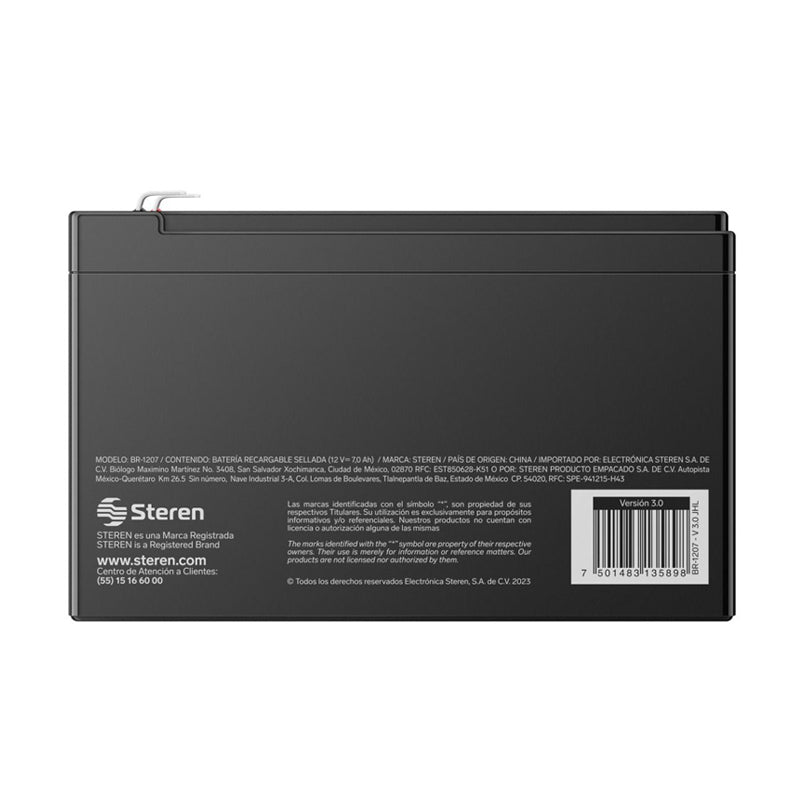 Batería sellada de ácido-plomo de 12 Vcc 7 Ah, BR-1207 Steren