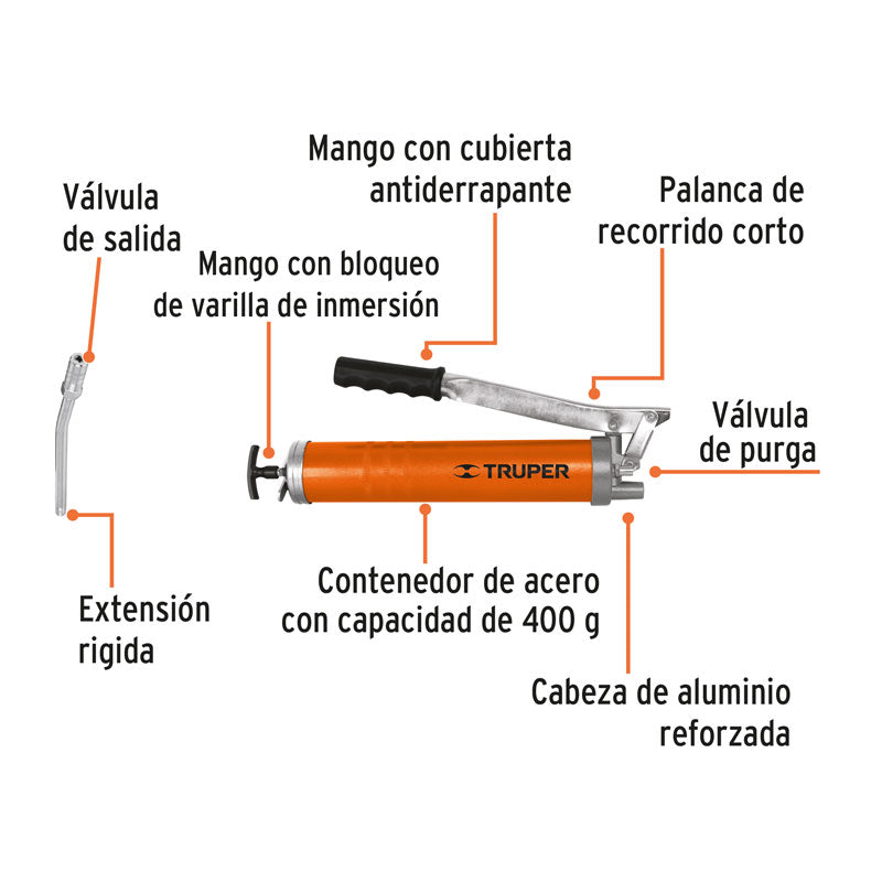 Inyectora de grasa de 14 oz, 8000 PSI, con grip antiderrapante, 14860 Truper GRAS 14