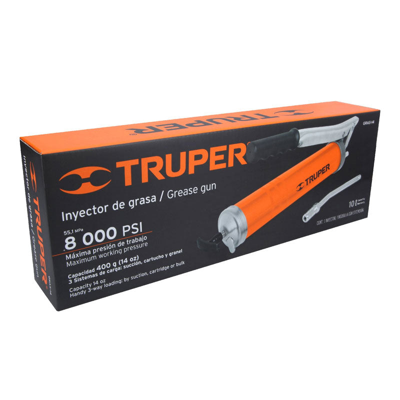 Inyectora de grasa de 14 oz, 8000 PSI, con grip antiderrapante, 14860 Truper GRAS 14