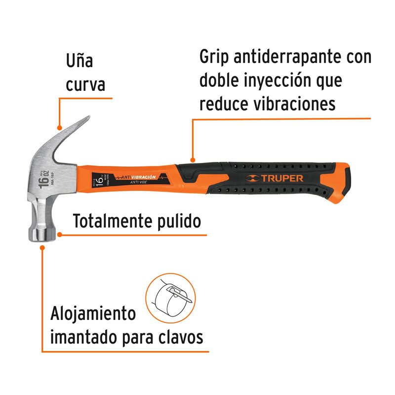 Martillo de 16 oz con uña curva con mango fibra de vidrio, 19710 Truper MA 16F
