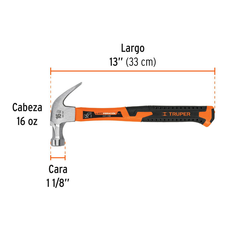 Martillo de 16 oz con uña curva con mango fibra de vidrio, 19710 Truper MA 16F