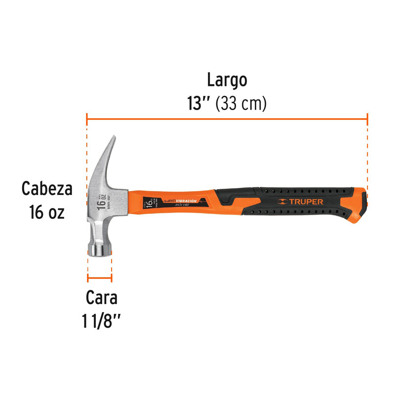 Martillo de 16 oz con uña recta con mango fibra de vidrio, 19997 Truper MAR 16F