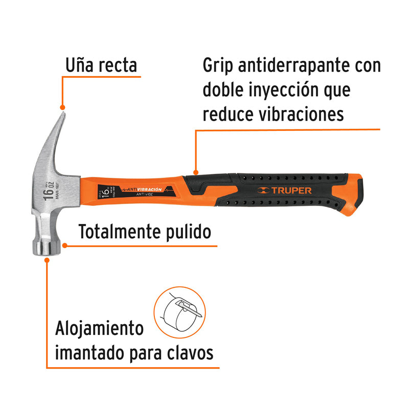 Martillo de 16 oz con uña recta con mango fibra de vidrio, 19997 Truper MAR 16F
