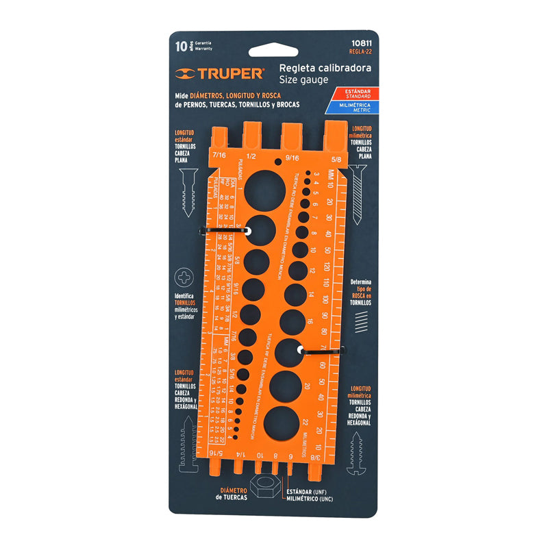 Regleta medidora de tuercas y tornillos de 22 cm, 10811 Truper REGLA 22