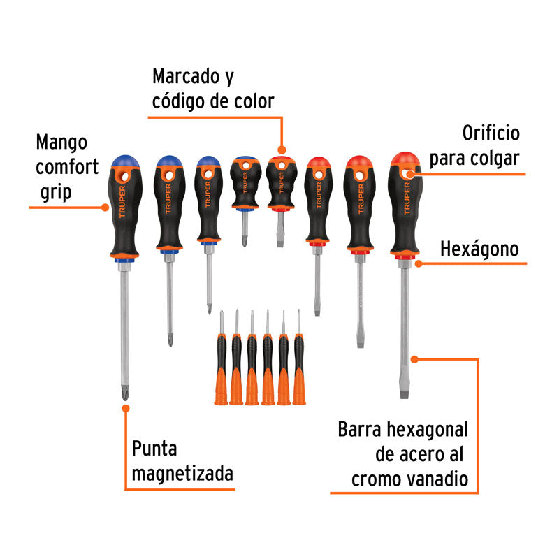 Juego de 8 desarmadores mango Comfort Grip y 6 de joyero, 14197 Truper DTJ 14B