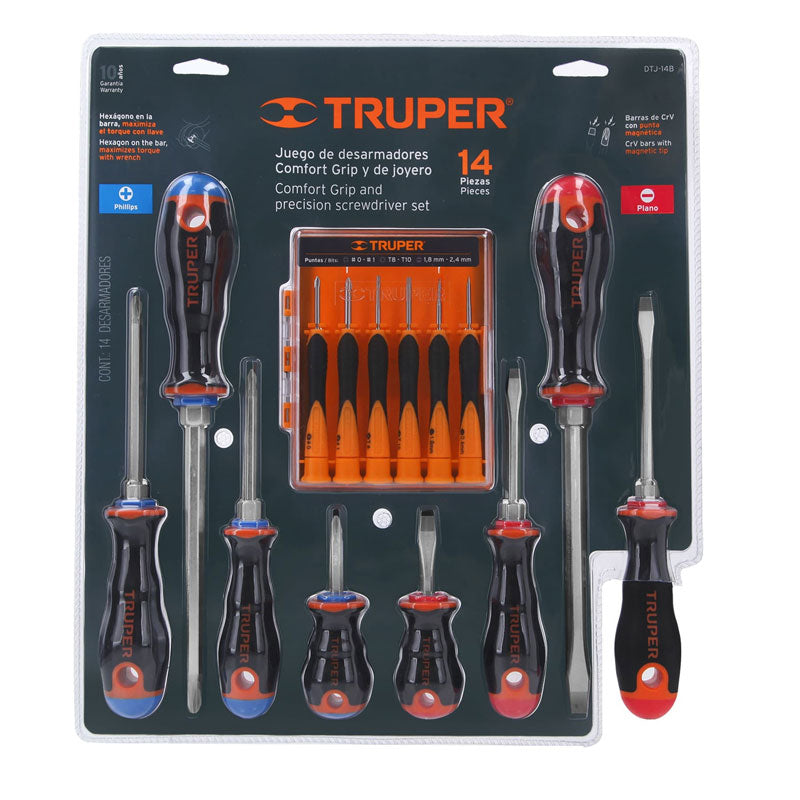 Juego de 8 desarmadores mango Comfort Grip y 6 de joyero, 14197 Truper DTJ 14B