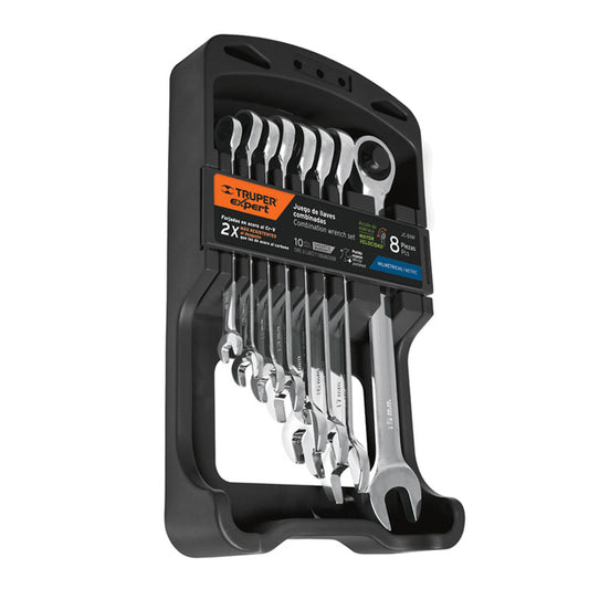 Juego de 8 llaves combinadas mm pulidas con matraca, 15816 Truper Expert JC 8XM