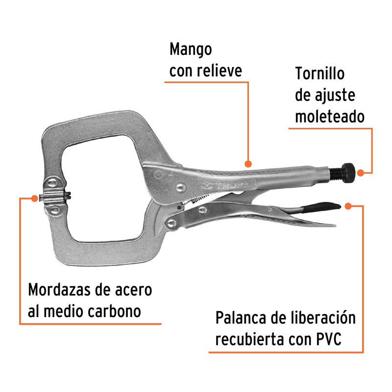 Pinza de presión 11" tipo "C" con mordaza autoajustable, 17427 Truper PPC 11R