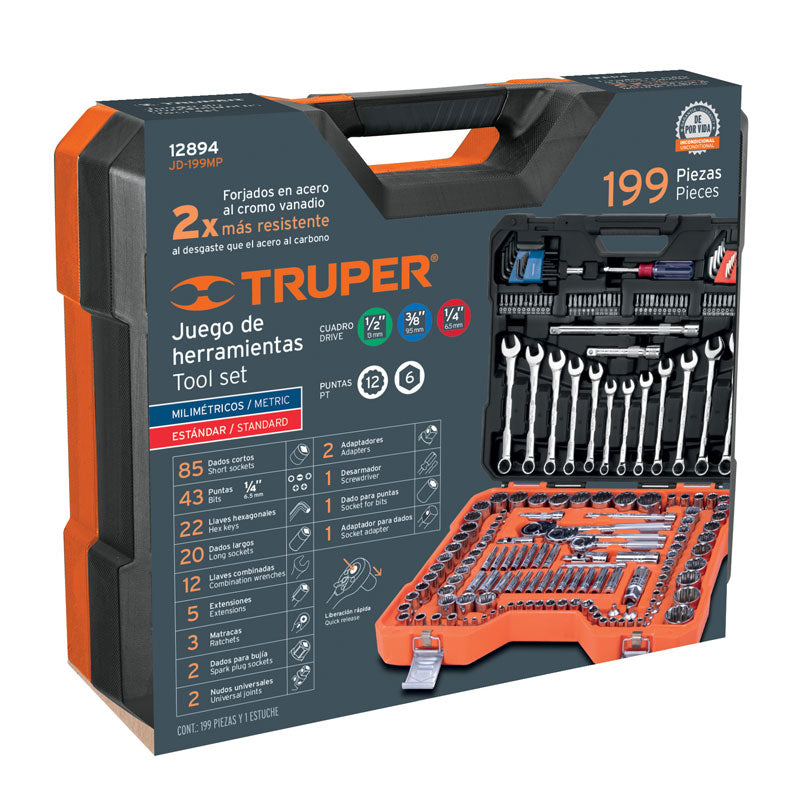 Juego de 199 herramientas de 1/4", 3/8" y 1/2" std y mm para mecánico, 12894 Truper JD 199MP