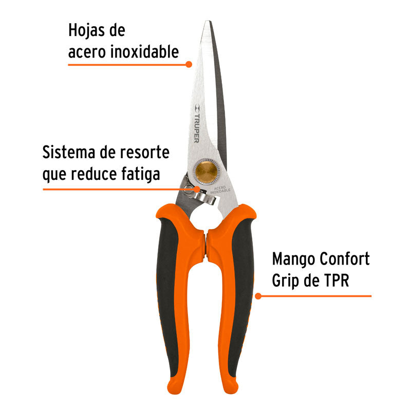 Tijera de 8" multiusos de acero inoxidable, mango Comfort Grip, 18493 Truper TIMU 8