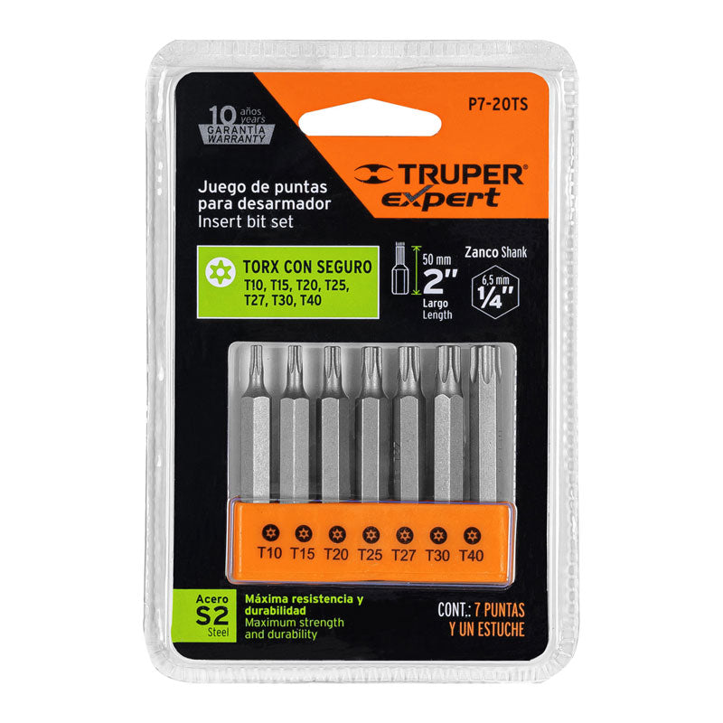 Juego de 7 puntas torx combinadas con seguro largo 2", 17813 Truper Expert P7 20TS