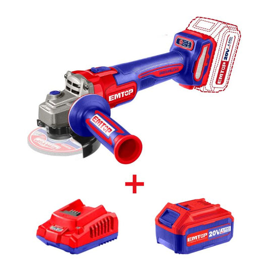 Esmeril angular inalámbrica de 20 V, batería 4.0 Ah y cargador, ULAG261521 Emtop