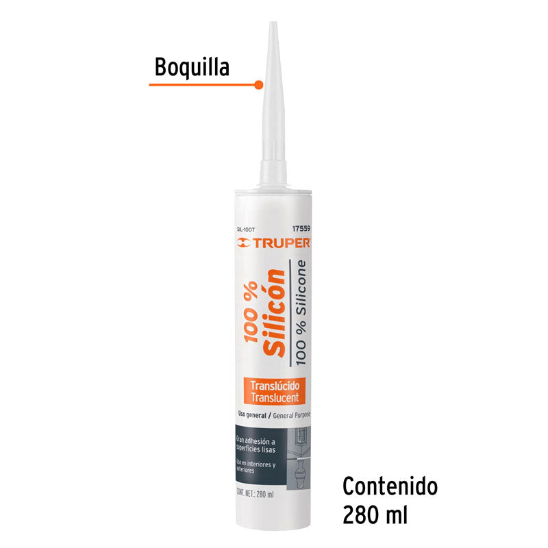 Sellador transparente 100% silicón de 280 ml, 17559 Truper SIL100T