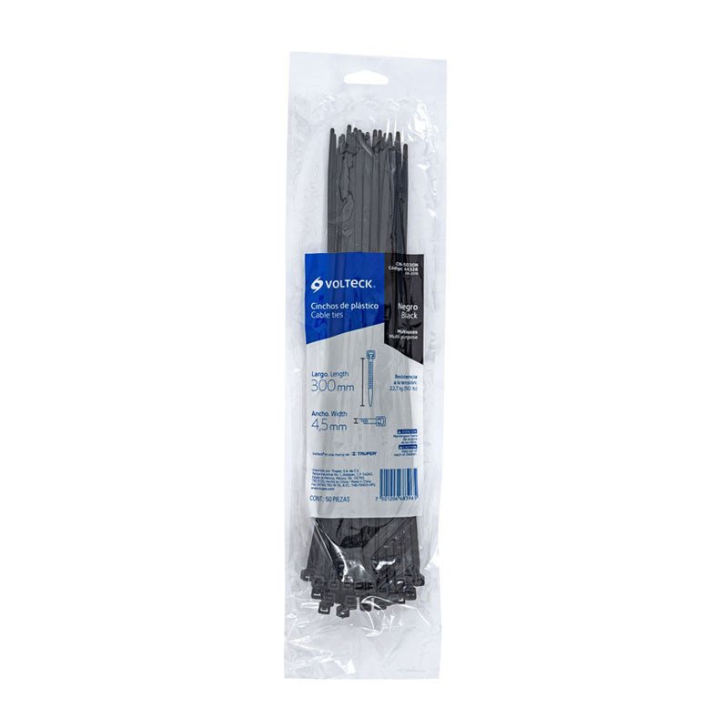 Bolsa con 50 cinchos de plástico color negro de 300 x 4.5 mm, 44328 Truper CIN5030N - Tool Ferreterías / Ferretodo - Herramientas y material de construcción.