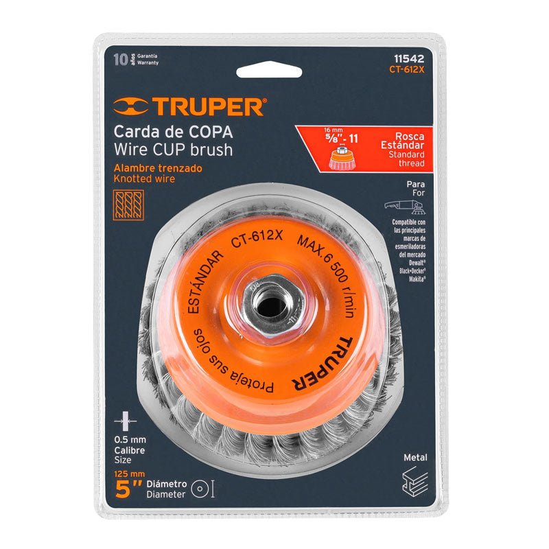 Carda copa de 5" de alambre trenzado grueso, eje 5/8" a 11, 11542 Truper CT612X - Tool Ferreterías / Ferretodo - Herramientas y material de construcción.