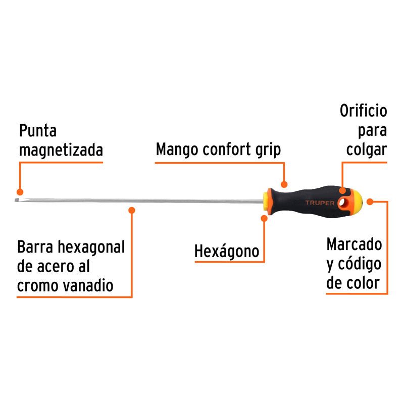 Desarmador cabinet de 1/8" x 8" mango Comfort Grip, 14027 Truper DG 1/8X8B - Tool Ferreterías / Ferretodo - Herramientas y material de construcción.