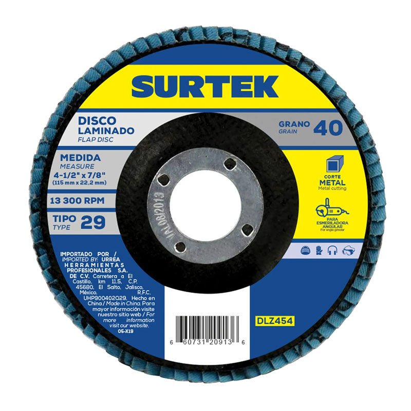 Disco laminado tipo 29 grano 120 de 4 1/2", DLZ4512 Surtek - Tool Ferreterías / Ferretodo - Herramientas y material de construcción.