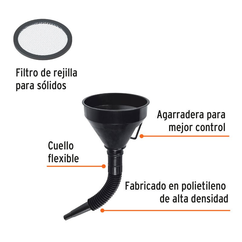 Embudo plástico de 500 ml, cuello flexible con filtro, Truper - Tool Ferreterías / Ferretodo - Herramientas y material de construcción.