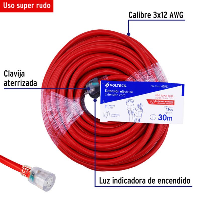 Extensión Reforzada Aterrizada 10 M 3X12 Awg, Volteck - Tool Ferreterías / Ferretodo - Herramientas y material de construcción.
