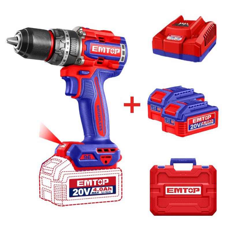 Kit taladro de impacto 1/2", 96 Nm, 20 V, 2 Baterías 4.0 Ah y 1 cargador, ULCIDL20968 Emtop - Tool Ferreterías / Ferretodo - Herramientas y material de construcción.