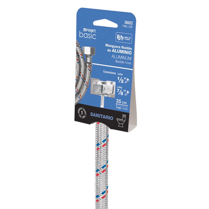 Manguera para WC de 1/2" x 7/8" x 35 cm de aluminio, 26022 Foset FWC 35P - Tool Ferreterías / Ferretodo - Herramientas y material de construcción.
