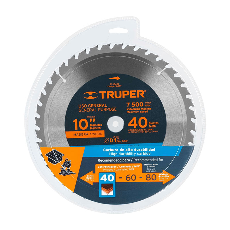 Disco Sierra 10" Para Madera, 40 Dientes Centro 1", Truper