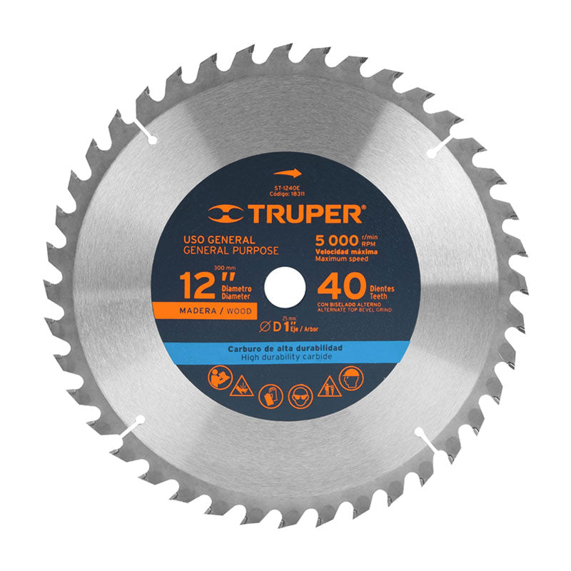 Disco Sierra 12" Para Madera, 40 Dientes Centro 1", Truper