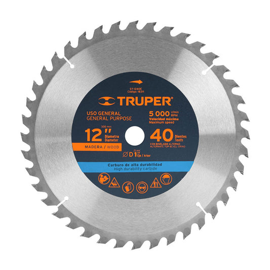 Disco Sierra 12" Para Madera, 40 Dientes Centro 1", Truper