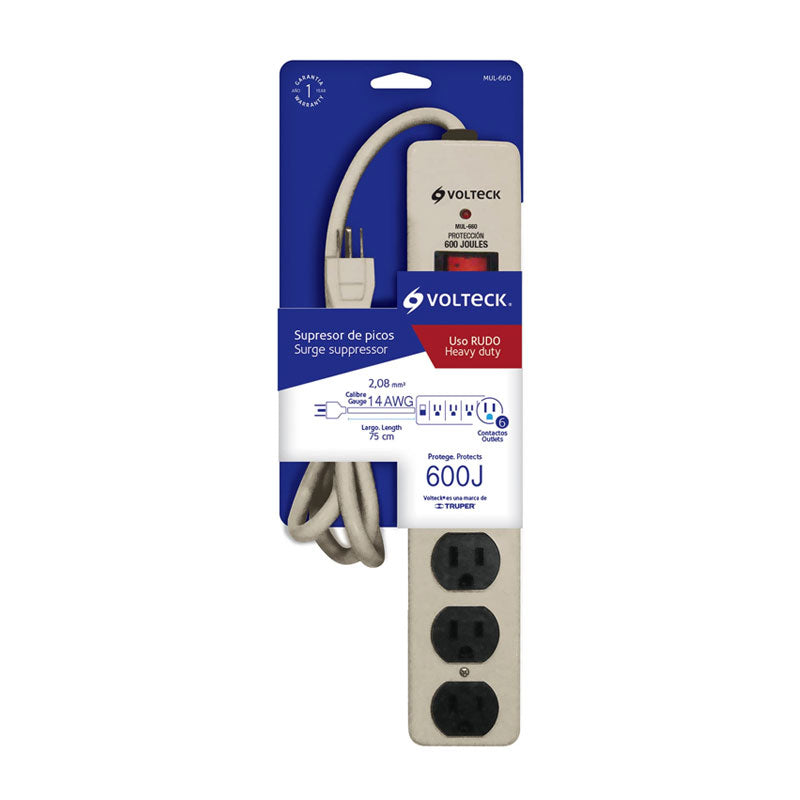 Multicontacto 14 Awg 6 Entradas Supresor De Picos 600 Joules, Volteck