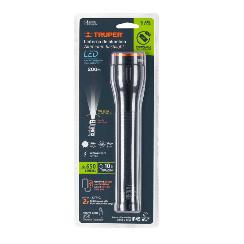 Linterna De Aluminio 1 Led 650 Lm Recargable 101330, Truper