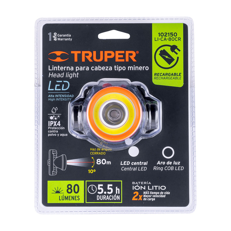 Linterna De Minero Led/Cob 80 Lm Recargable 102150, Truper