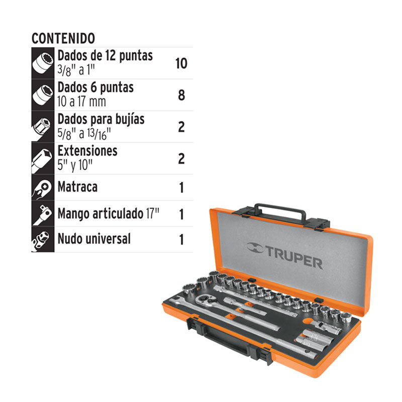 Juego De 25 Herramientas Cuadro 1/2" Std Y Mm Para Mecánico