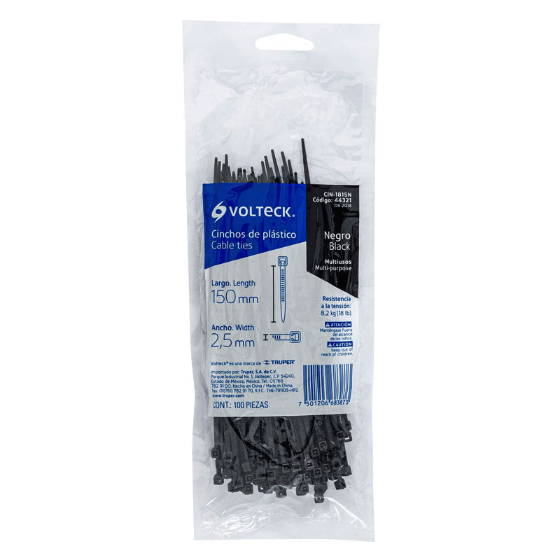 Bolsa Con 100 Cinchos Plásticos 18 Lb, 150X2.5 Mm, Negros