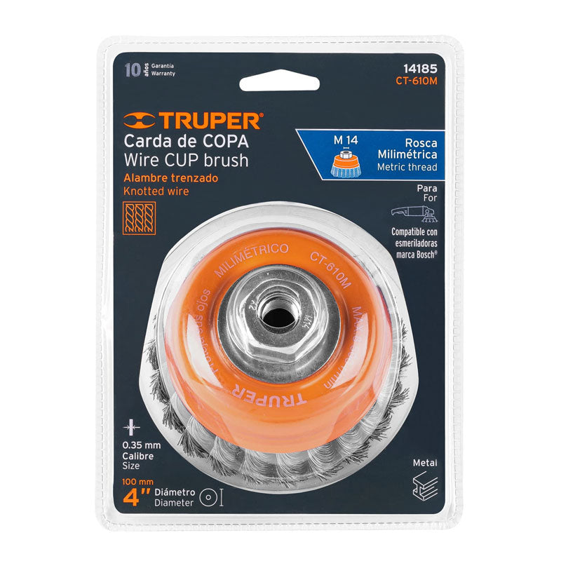 Carda Copa 4" Alambre Trenzado Fino, Eje M14, Truper