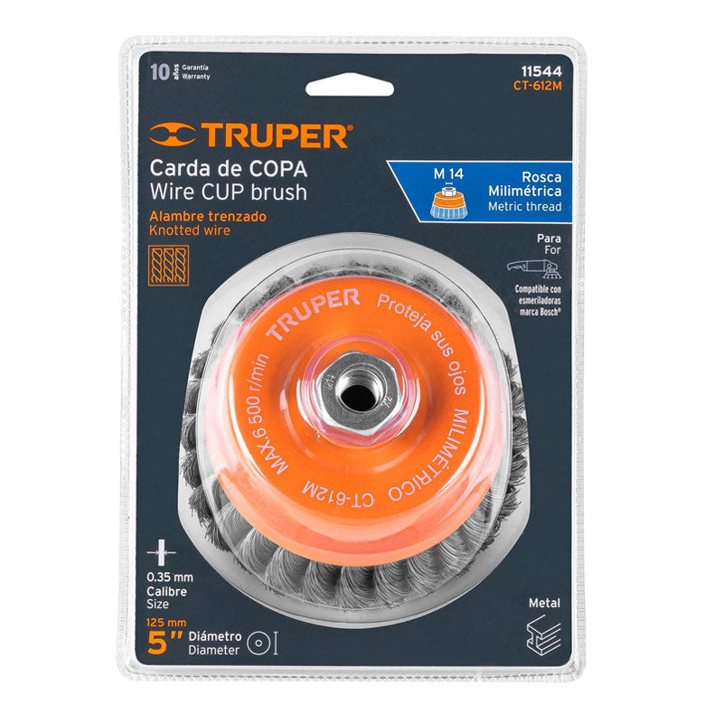 Carda Copa 5" Alambre Trenzado Fino, Eje M14, Truper