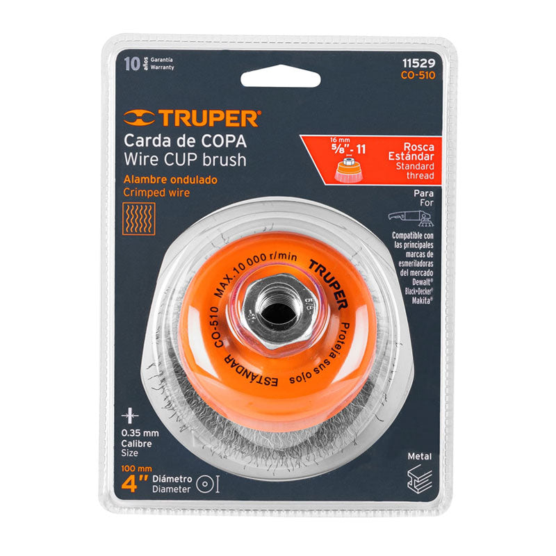 Carda Copa 4" Alambre Ondulado Fino, Eje 5/8" 11, Truper