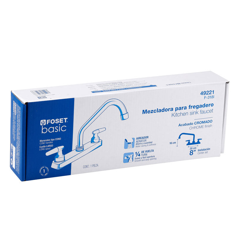 Mezcladora de 8" para fregadero con cuello largo, manerales de cono, 49221 Foset F 318I