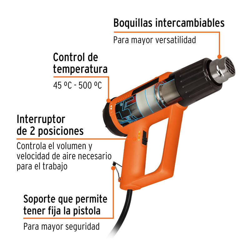 Pistola de calor de 2000 W con 9 accesorios, profesional, 16432 Truper PISCA A