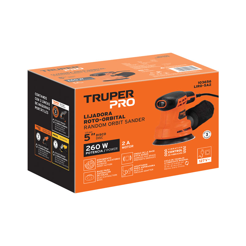Lijadora roto orbital de 5" de 260 W, 103656 Truper Pro LIRO-5A2