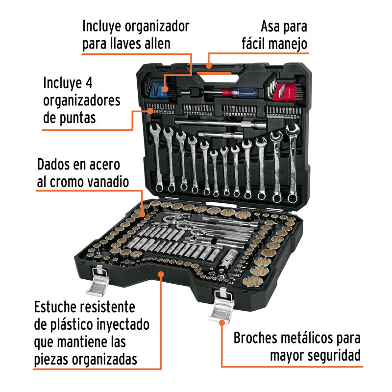 Juego de 199 herramientas de 1/4", 3/8" y 1/2" std y mm para mecánico, 12894 Truper JD 199MP