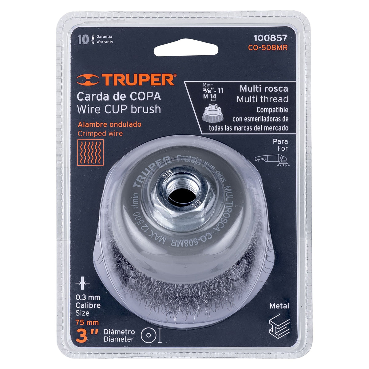 Carda copa de 3” alambre ondulado fino, TRUPER, CO-508MR, 100857