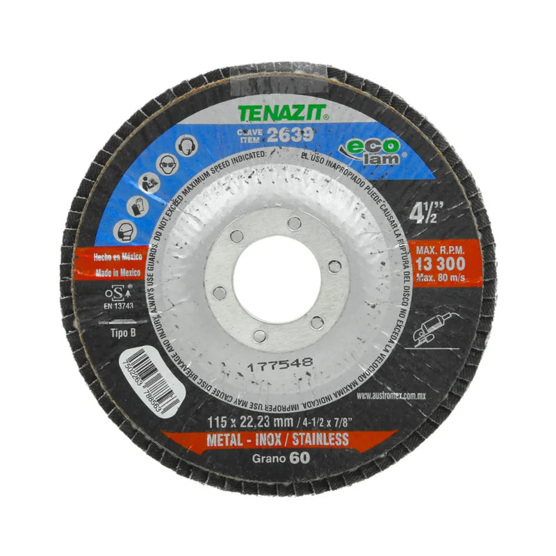 Disco laminado para desbaste de 4 1/2" x 7/8", grano 60, 2639 Tenazit