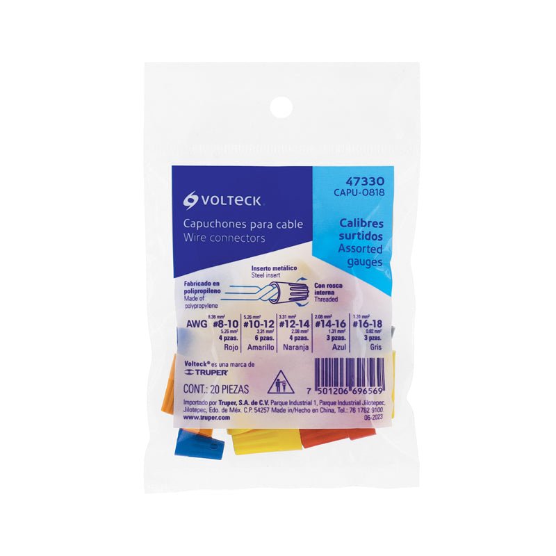 Bolsa con 20 capuchones para cable, calibres surtidos, 47330 Volteck CAPU - 0818 - Tool Ferreterías / Ferretodo - Herramientas y material de construcción.