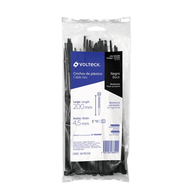 Bolsa con 50 cinchos de plástico color negro de 200 x 4.5 mm, 44326 Truper CIN5020N - Tool Ferreterías / Ferretodo - Herramientas y material de construcción.