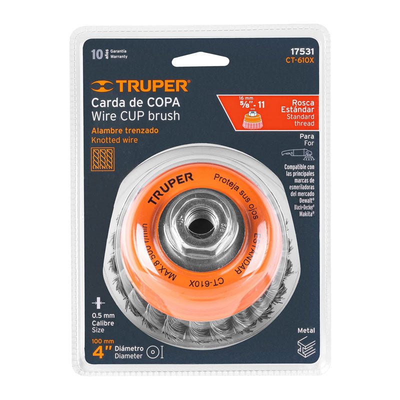Carda copa de 4" de alambre trenzado grueso, eje 5/8" a 11, 17531 Truper CT610X - Tool Ferreterías / Ferretodo - Herramientas y material de construcción.